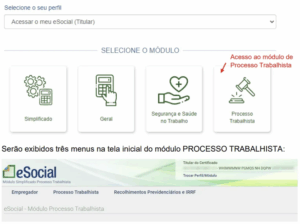 Tela de acesso ao módulo de eSocial e Processos Trabalhistas no portal oficial do eSocial.